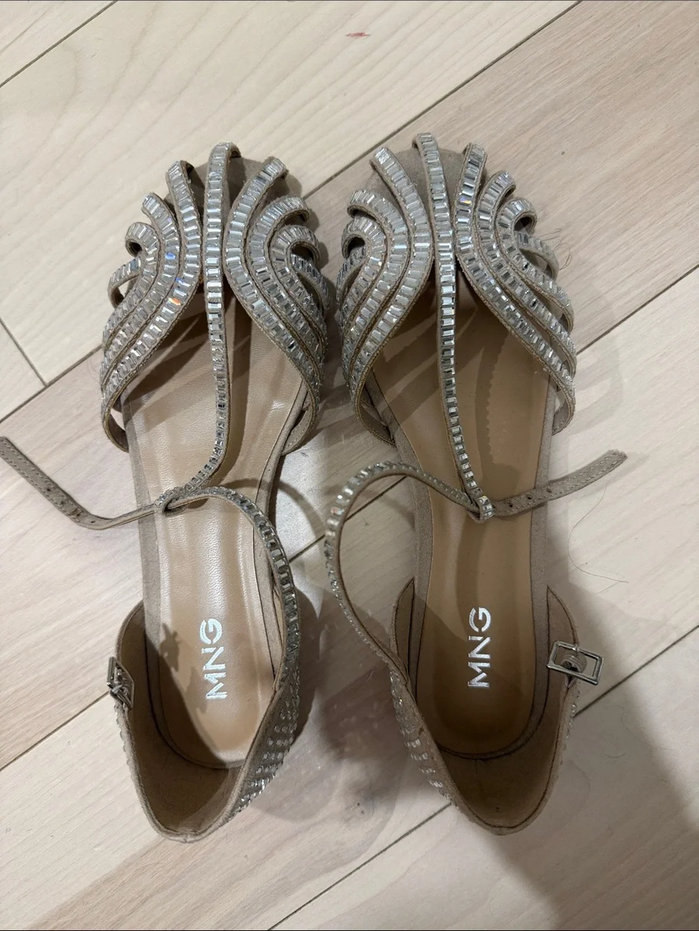 Mango Beaded T-Strap Dress Sandals in Silver-Taupe